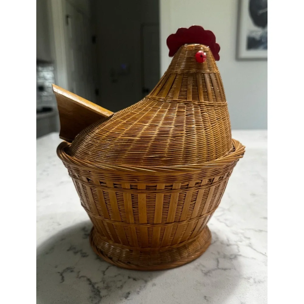 Vintage Hand-Woven Bamboo & Rattan Chicken Basket – As-Is 1960s/70s Folk Art